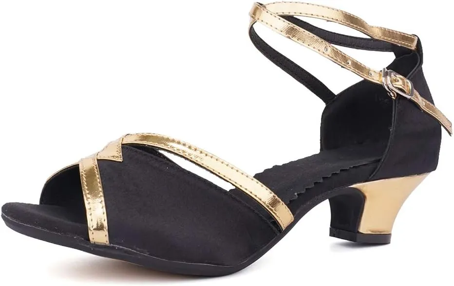 JUODVMP Women's Satin Decorated with Glitter Straps Peep Toe Cross Ankle Strap Latin Salsa Ballroom Practicing Shoes Model DY08