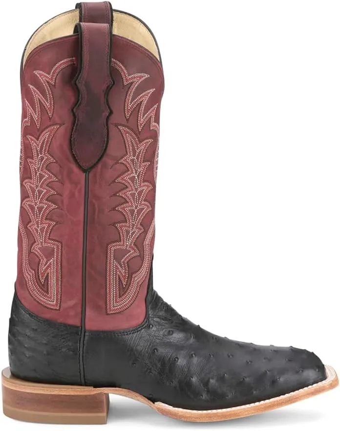 Justin Boots Mens Chisolm Full Quill Ostrich Embroidered Square Toe Pull On Dress Boots Mid Calf - Black, Red - Size 11.5 EE