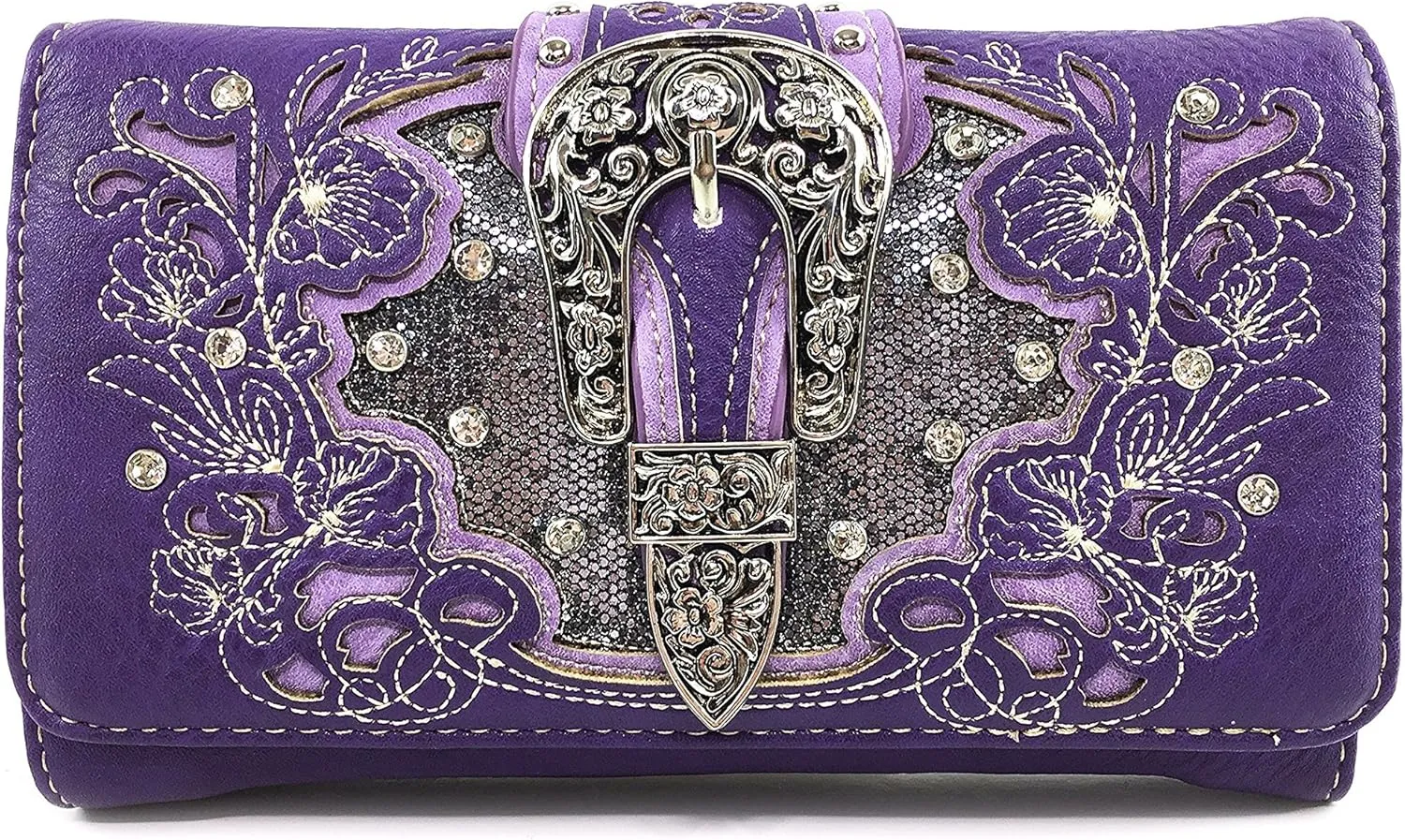Justin West Tooled Floral Embroidery Buckle Studded Concealed Carry Tote Purse (Purple Wallet Only)