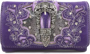 Justin West Tooled Floral Embroidery Buckle Studded Concealed Carry Tote Purse (Purple Wallet Only)