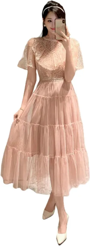 JYHBHMZG Women's Summer French Sweet Sequins Lace Mesh Waist-Cinching Slimming Dress