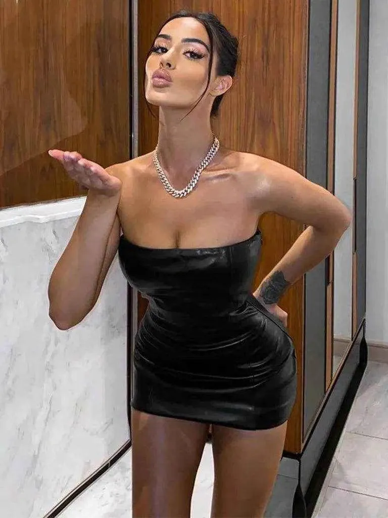 Kakaclo Black Faux Leather Tube Dress