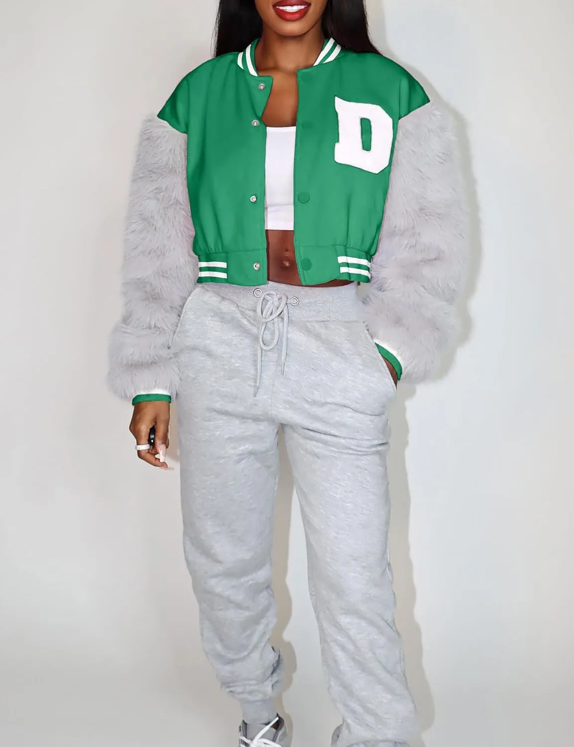 KANSOON Varsity Jacket Women Faux Fur Sleeve Cropped Baseball Jacket Button Up Casual Patchwork Letterman Coat