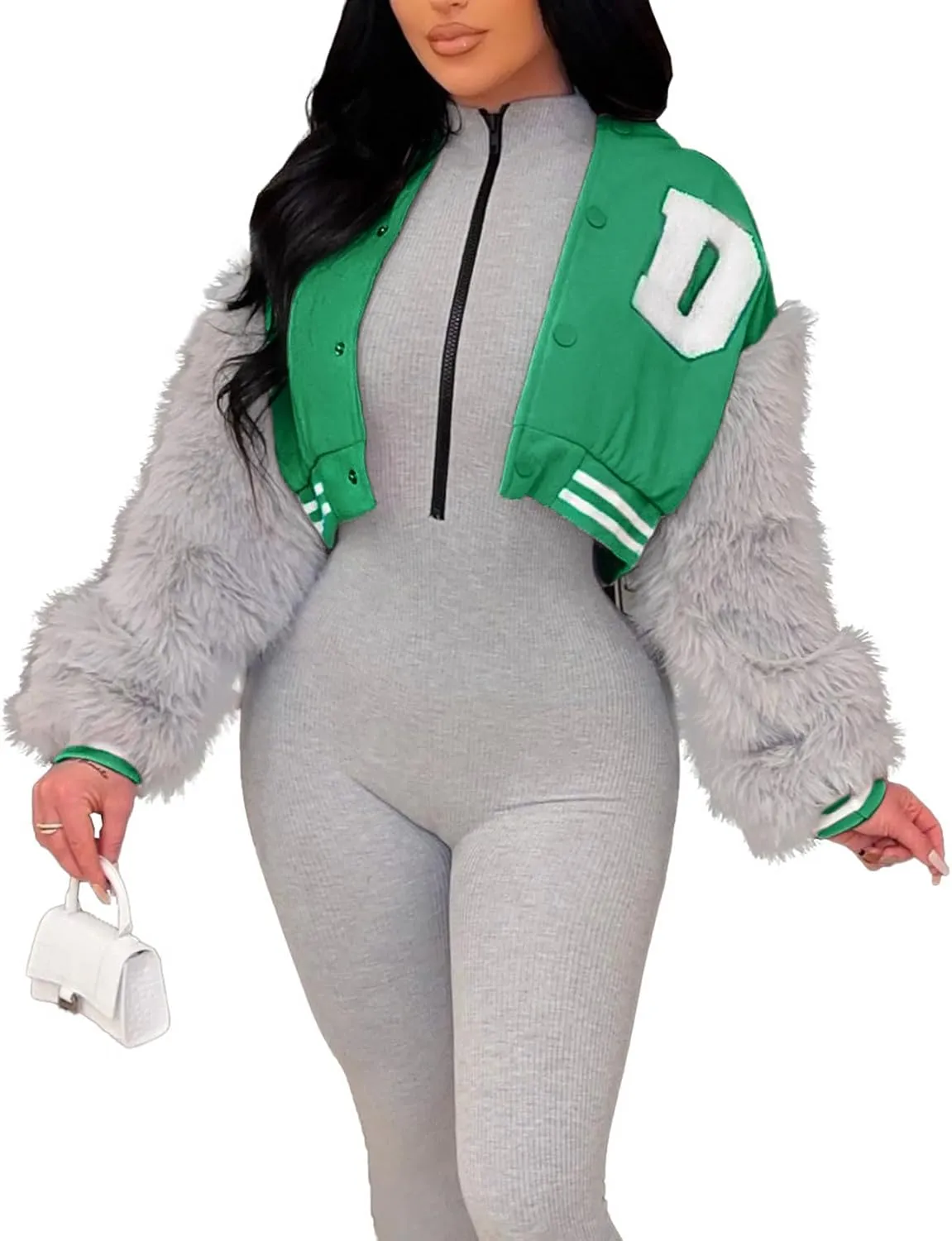 KANSOON Varsity Jacket Women Faux Fur Sleeve Cropped Baseball Jacket Button Up Casual Patchwork Letterman Coat