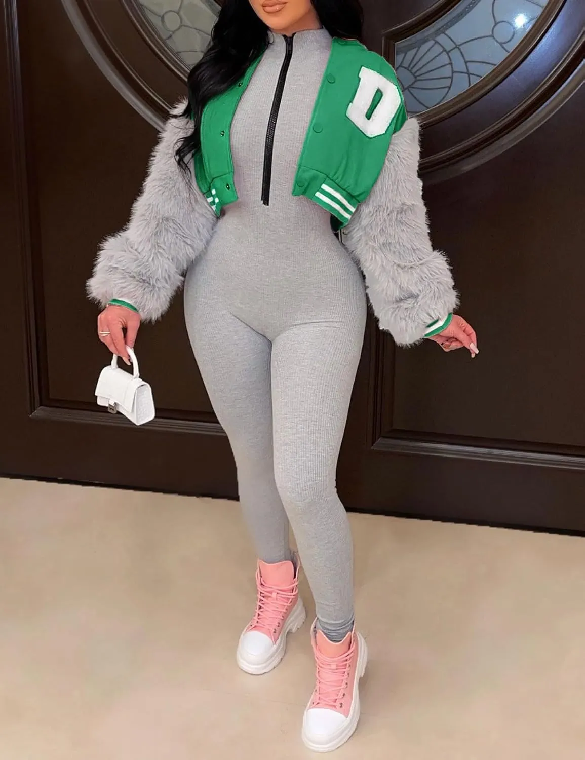 KANSOON Varsity Jacket Women Faux Fur Sleeve Cropped Baseball Jacket Button Up Casual Patchwork Letterman Coat