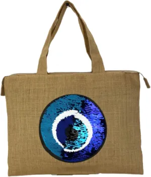 Karen's Line Evil Eye Reversable Naturel Jute Handbag Tote Beach Bag Zipper Gift Bag Sequins Patch