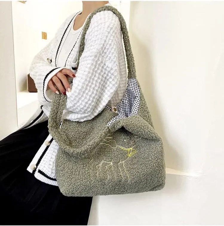 Kawaii Tote Bags Aesthetic Cute Lamb Embroidery Purse Fluffy Underarm Bag Faux Fur Shoulder Bag with Interior Pockets