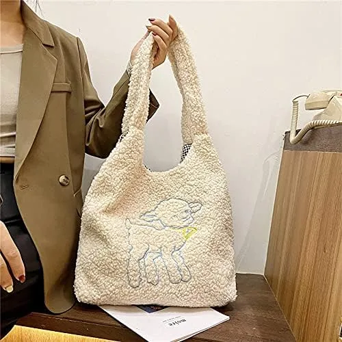 Kawaii Tote Bags Aesthetic Cute Lamb Embroidery Purse Fluffy Underarm Bag Faux Fur Shoulder Bag with Interior Pockets