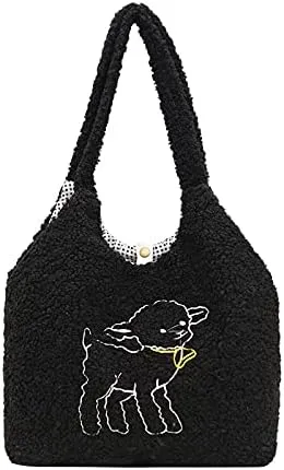 Kawaii Tote Bags Aesthetic Cute Lamb Embroidery Purse Fluffy Underarm Bag Faux Fur Shoulder Bag with Interior Pockets