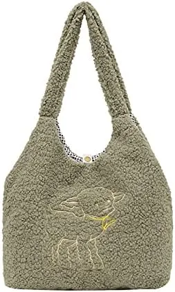 Kawaii Tote Bags Aesthetic Cute Lamb Embroidery Purse Fluffy Underarm Bag Faux Fur Shoulder Bag with Interior Pockets