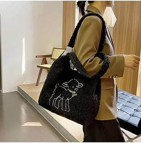 Kawaii Tote Bags Aesthetic Cute Lamb Embroidery Purse Fluffy Underarm Bag Faux Fur Shoulder Bag with Interior Pockets