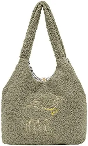 Kawaii Tote Bags Aesthetic Cute Lamb Embroidery Purse Fluffy Underarm Bag Faux Fur Shoulder Bag with Interior Pockets