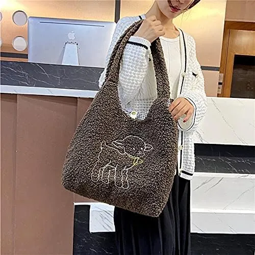 Kawaii Tote Bags Aesthetic Cute Lamb Embroidery Purse Fluffy Underarm Bag Faux Fur Shoulder Bag with Interior Pockets