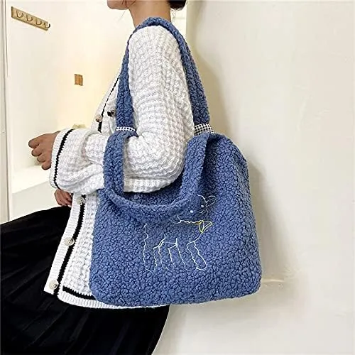 Kawaii Tote Bags Aesthetic Cute Lamb Embroidery Purse Fluffy Underarm Bag Faux Fur Shoulder Bag with Interior Pockets