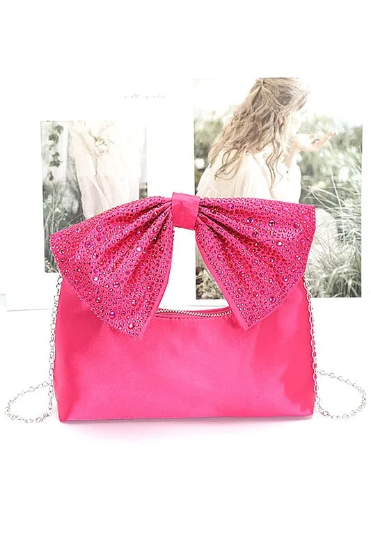 Kelsi- Rhinestone Bow Tie Satin Top Handle Clutch