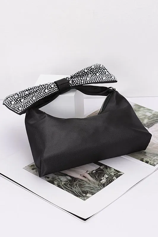 Kelsi- Rhinestone Bow Tie Satin Top Handle Clutch
