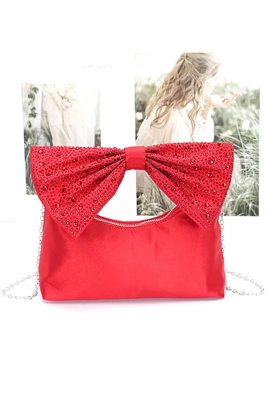 Kelsi- Rhinestone Bow Tie Satin Top Handle Clutch
