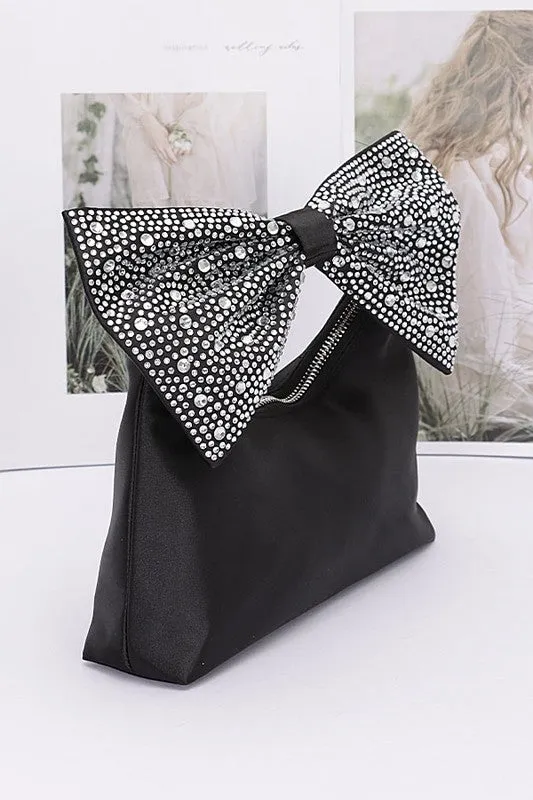 Kelsi- Rhinestone Bow Tie Satin Top Handle Clutch