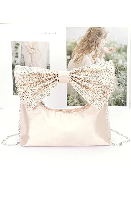 Kelsi- Rhinestone Bow Tie Satin Top Handle Clutch