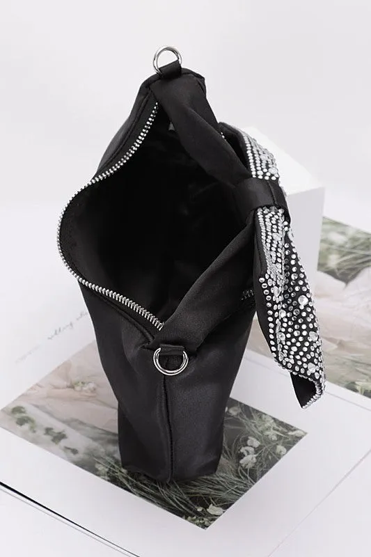 Kelsi- Rhinestone Bow Tie Satin Top Handle Clutch