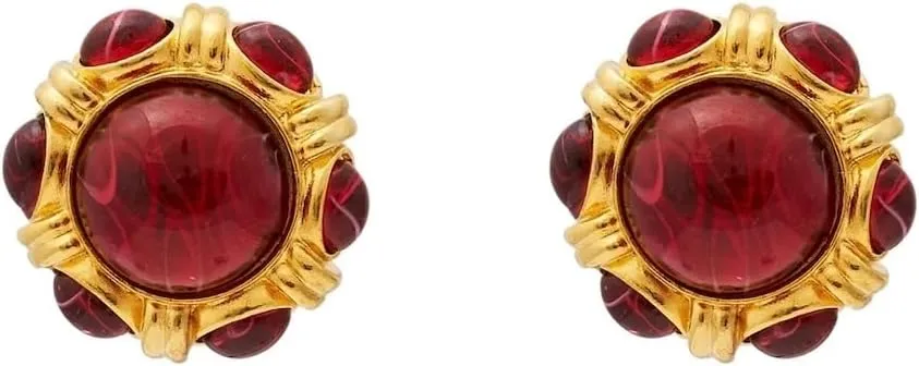 Kenneth Jay Lane Gold Faux Ruby and Emerald Gemstone Button Clip-On Earrings