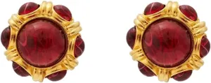 Kenneth Jay Lane Gold Faux Ruby and Emerald Gemstone Button Clip-On Earrings