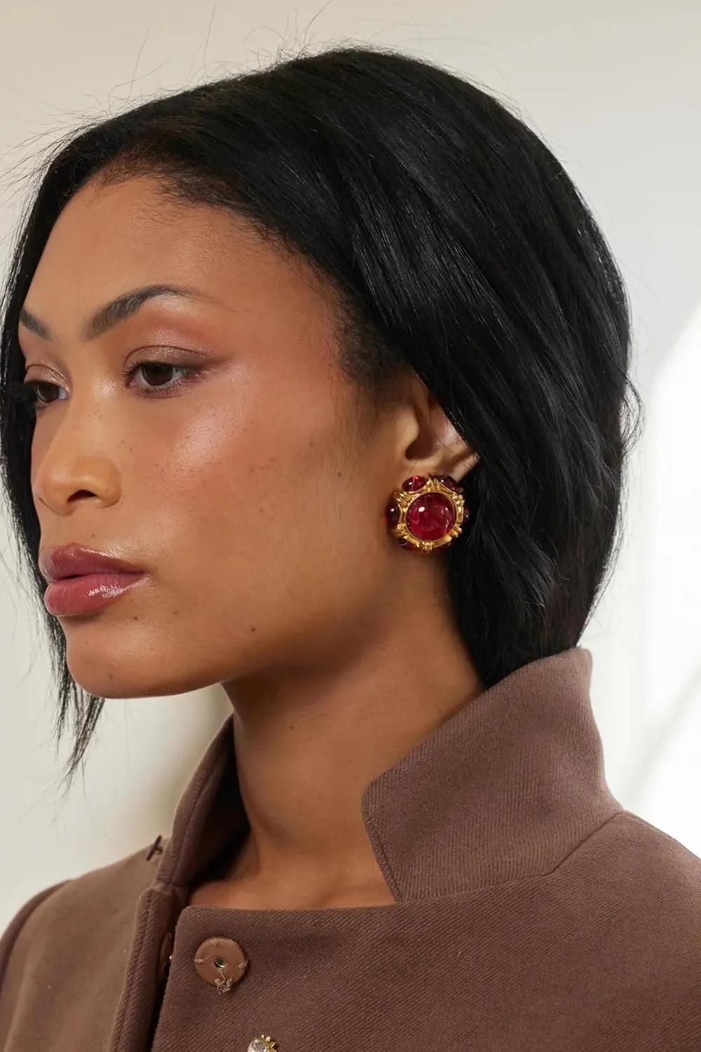 Kenneth Jay Lane Gold Faux Ruby and Emerald Gemstone Button Clip-On Earrings