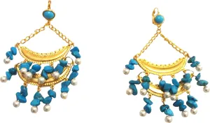 KENNETH JAY LANE, SATIN GOLD 2 TIER EARRING WITH PEARL & TURQUOISE BEADS