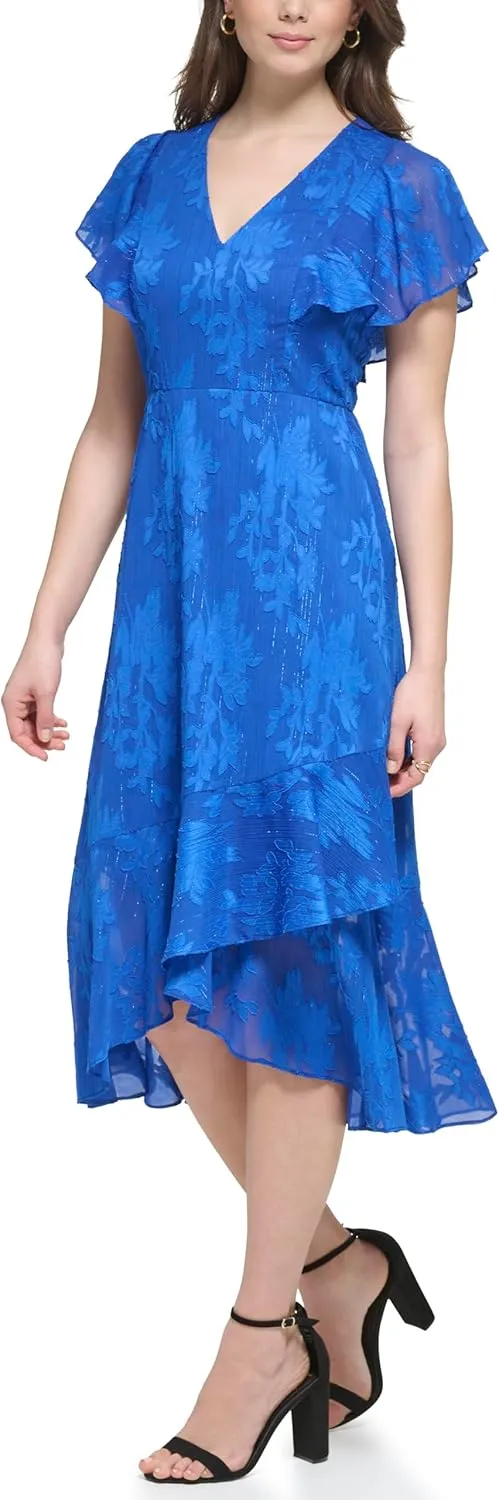 kensie Women's Short Flutter Sleeve Faux Wrap Midi Dress