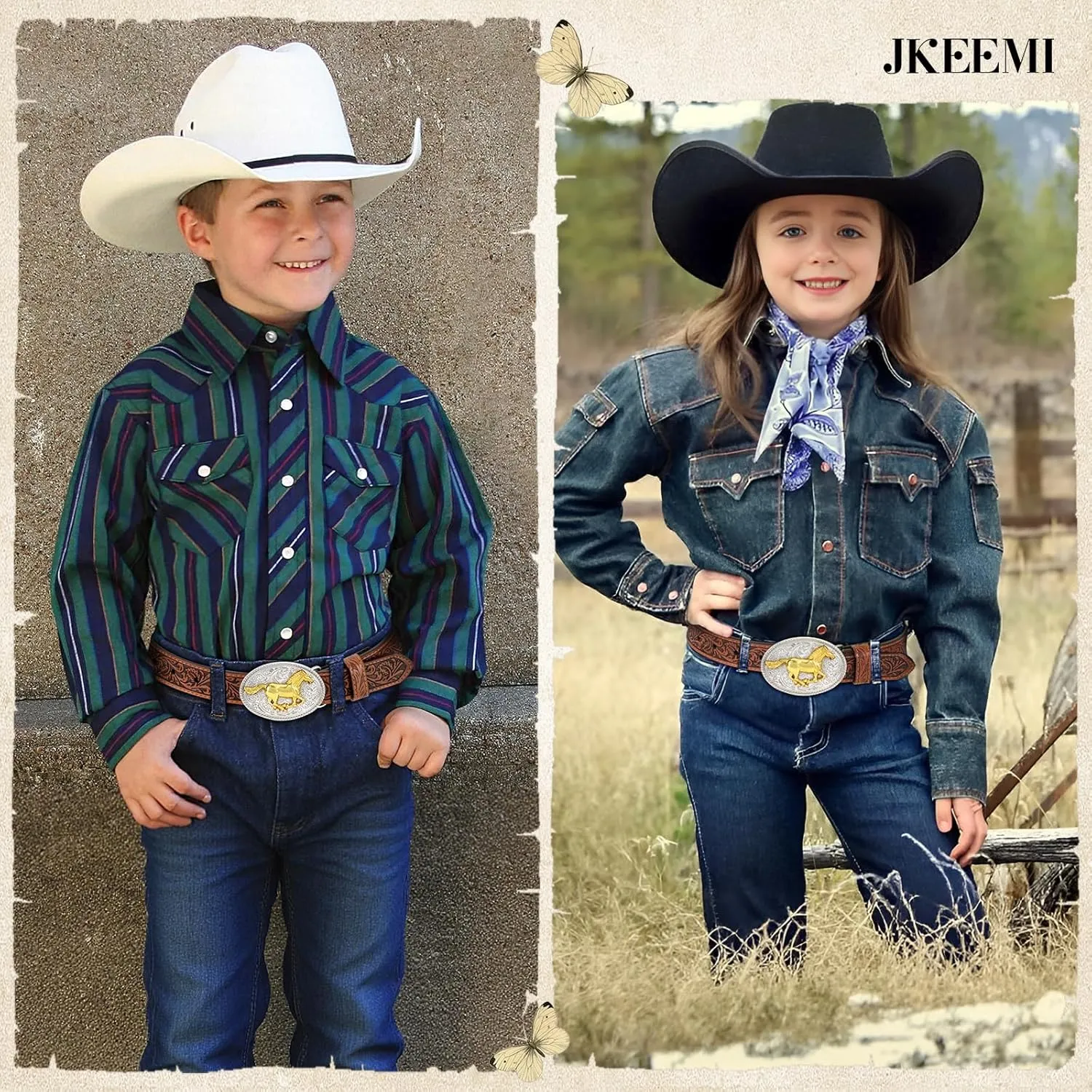 Kids Western Belt for Boys Girls, Embossed Genuine Leather Cowboy Cowgirl Belt for Jeans Pant Dresses Gift