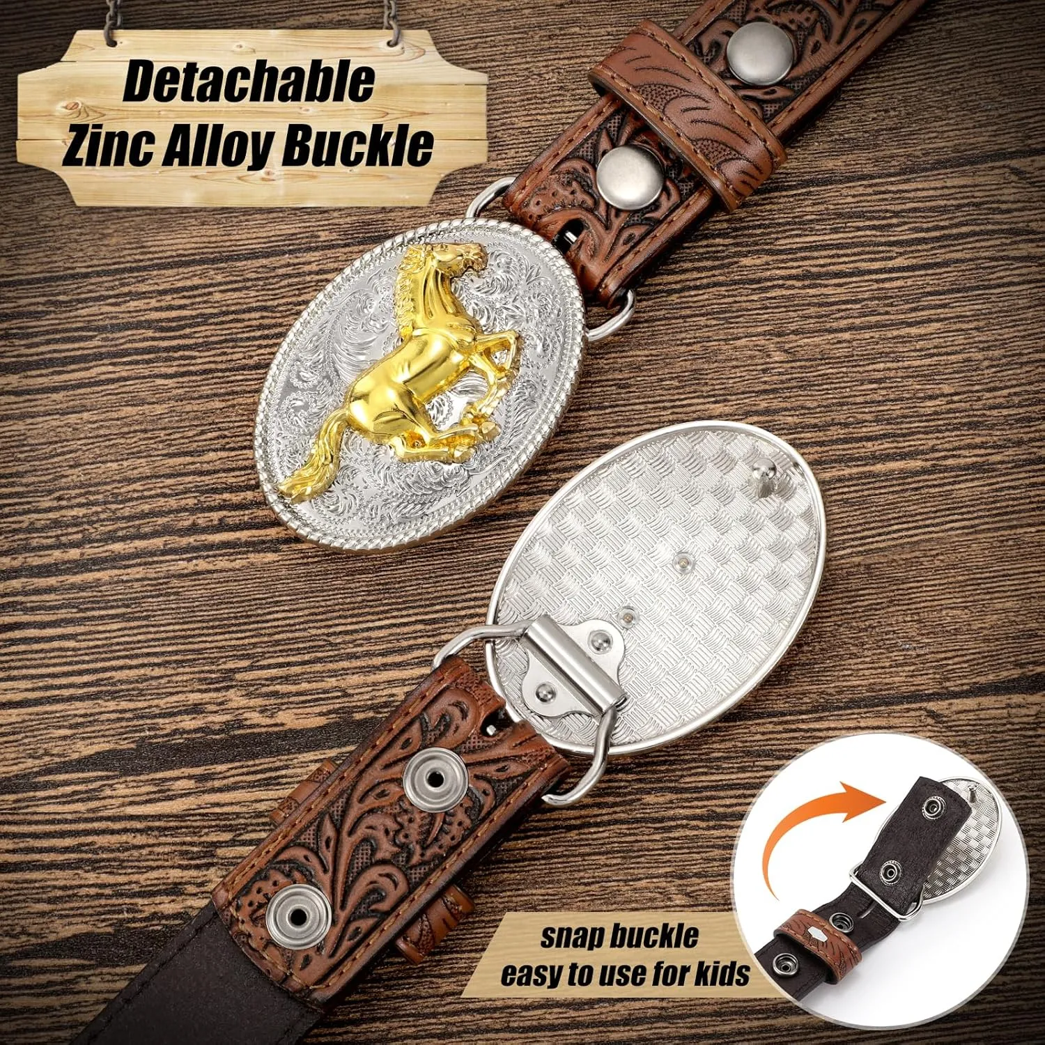 Kids Western Belt for Boys Girls, Embossed Genuine Leather Cowboy Cowgirl Belt for Jeans Pant Dresses Gift
