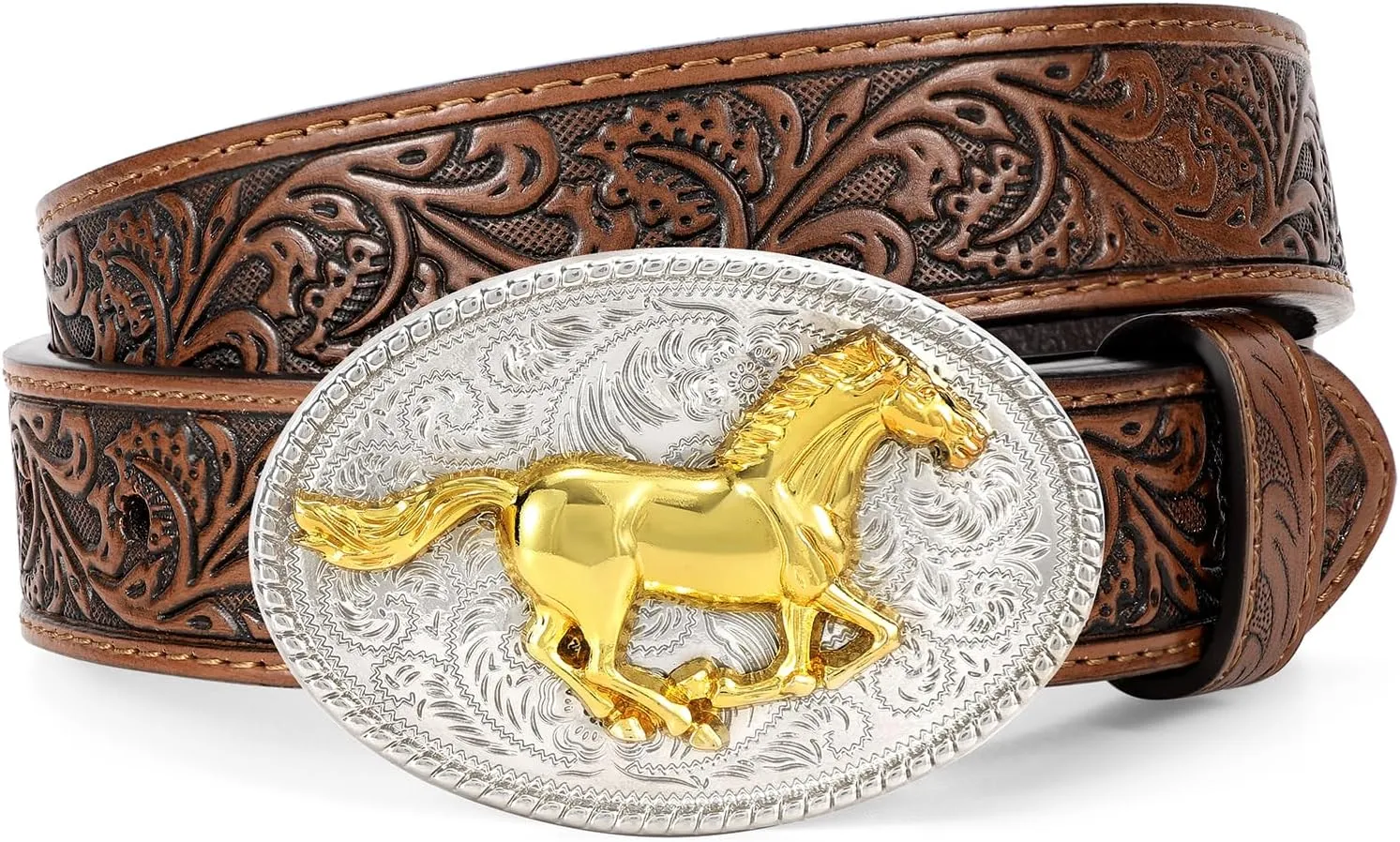 Kids Western Belt for Boys Girls, Embossed Genuine Leather Cowboy Cowgirl Belt for Jeans Pant Dresses Gift
