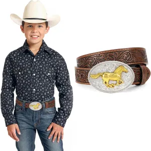 Kids Western Belt for Boys Girls, Embossed Genuine Leather Cowboy Cowgirl Belt for Jeans Pant Dresses Gift