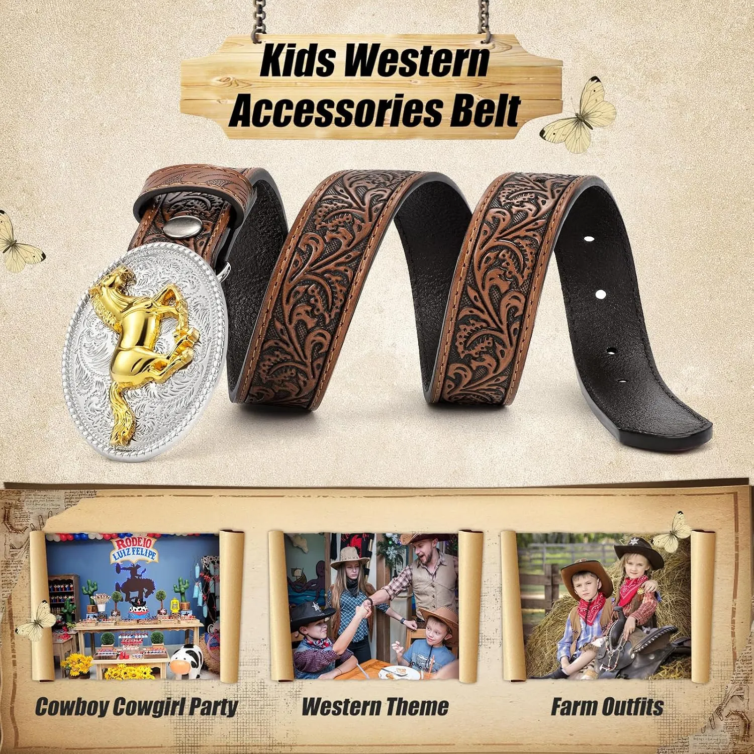 Kids Western Belt for Boys Girls, Embossed Genuine Leather Cowboy Cowgirl Belt for Jeans Pant Dresses Gift