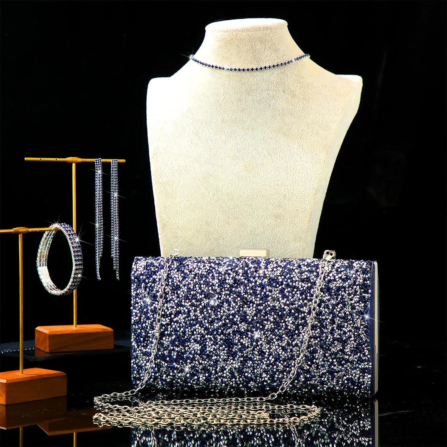 Kigeli 4 Pieces Women Rhinestone Evening Clutch Bag Bling Earring Necklace Bracelet for Wedding Formal