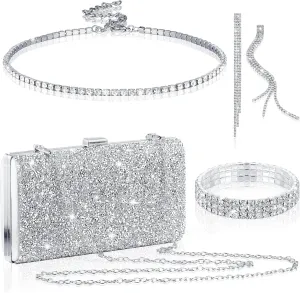 Kigeli 4 Pieces Women Rhinestone Evening Clutch Bag Bling Earring Necklace Bracelet for Wedding Formal