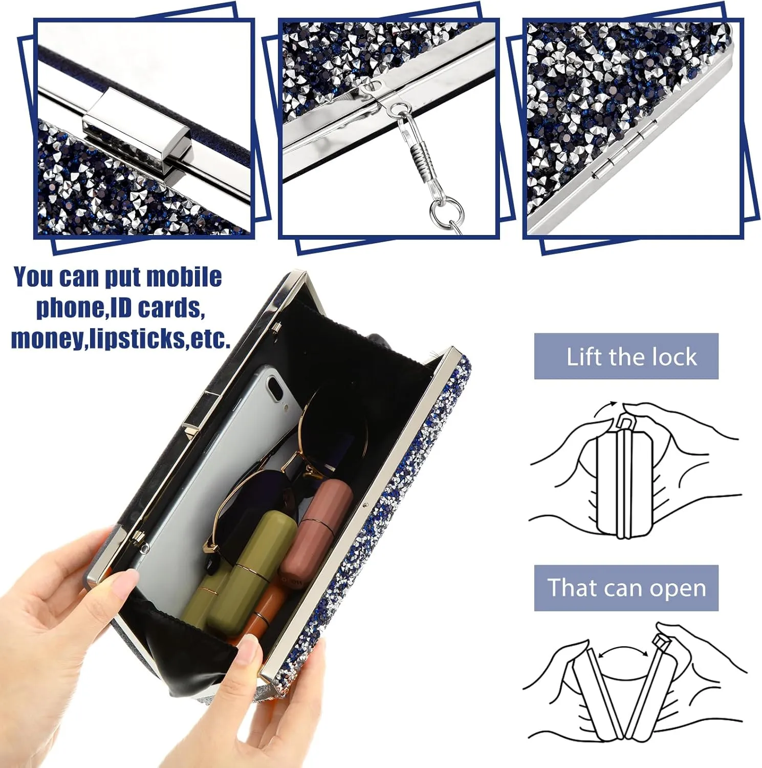 Kigeli 4 Pieces Women Rhinestone Evening Clutch Bag Bling Earring Necklace Bracelet for Wedding Formal