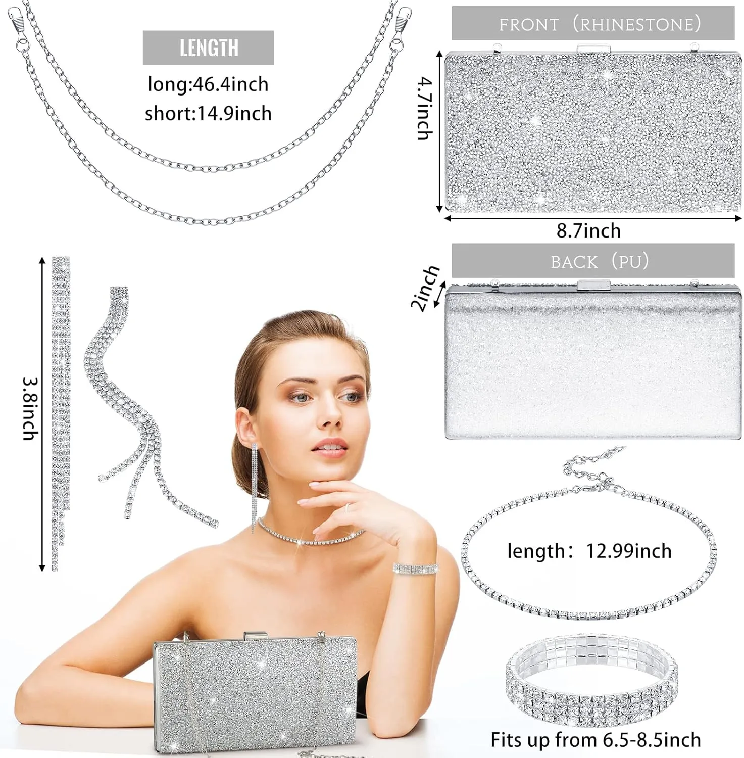 Kigeli 4 Pieces Women Rhinestone Evening Clutch Bag Bling Earring Necklace Bracelet for Wedding Formal