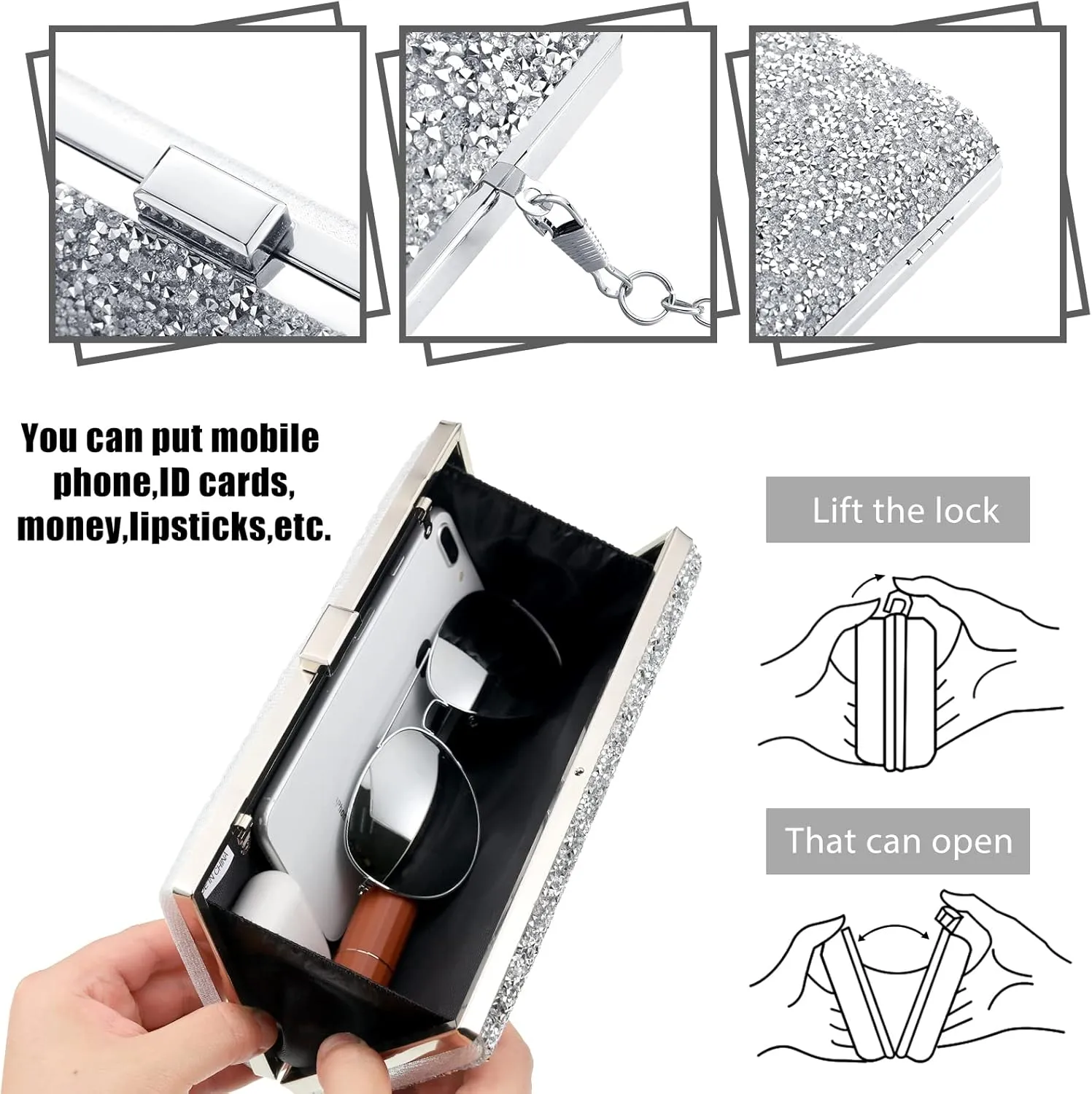 Kigeli 4 Pieces Women Rhinestone Evening Clutch Bag Bling Earring Necklace Bracelet for Wedding Formal