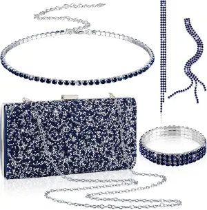 Kigeli 4 Pieces Women Rhinestone Evening Clutch Bag Bling Earring Necklace Bracelet for Wedding Formal