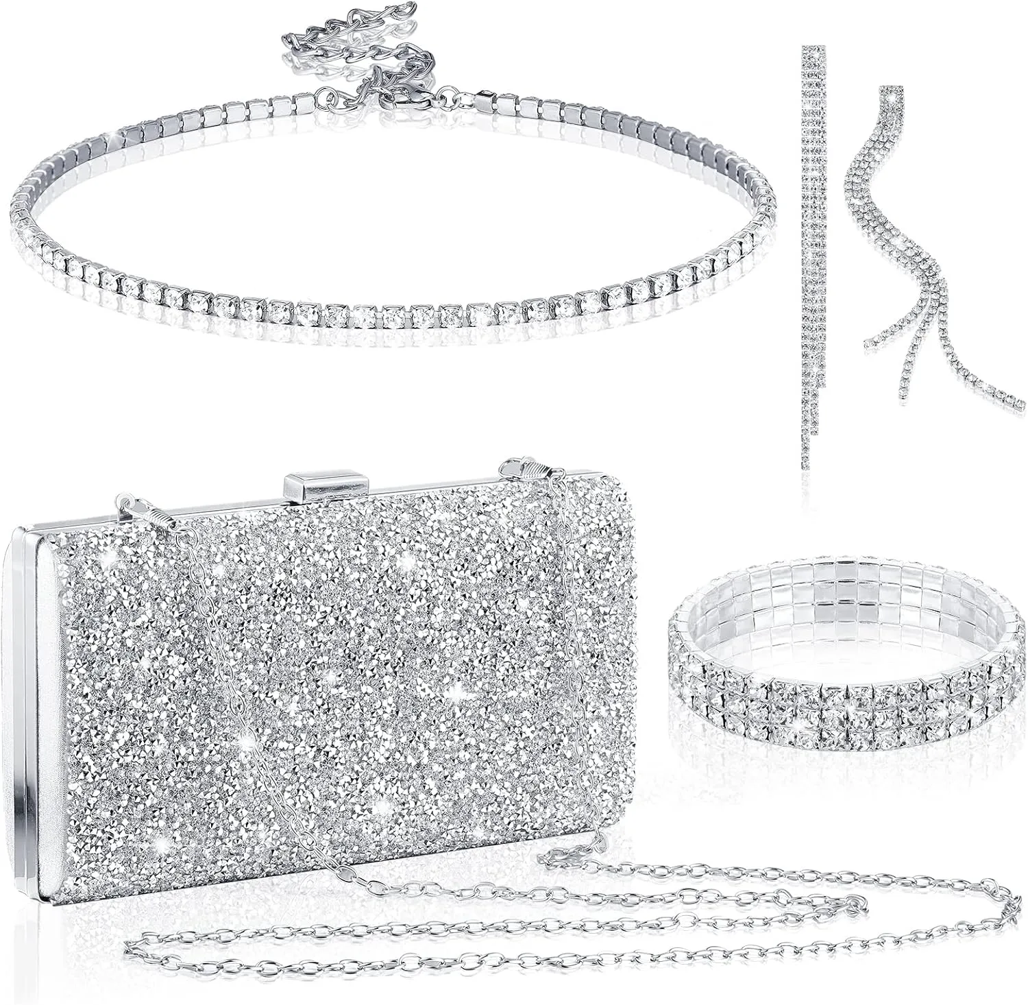 Kigeli 4 Pieces Women Rhinestone Evening Clutch Bag Bling Earring Necklace Bracelet for Wedding Formal