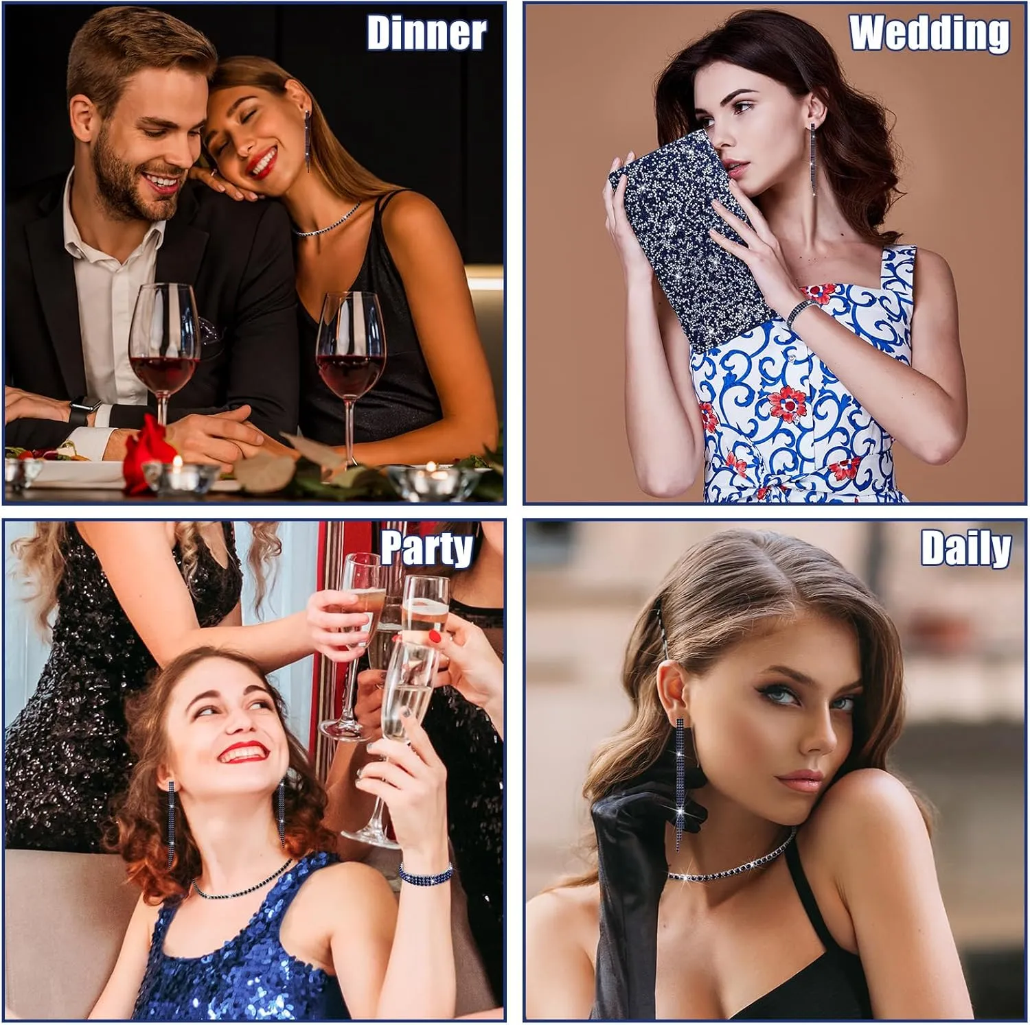 Kigeli 4 Pieces Women Rhinestone Evening Clutch Bag Bling Earring Necklace Bracelet for Wedding Formal