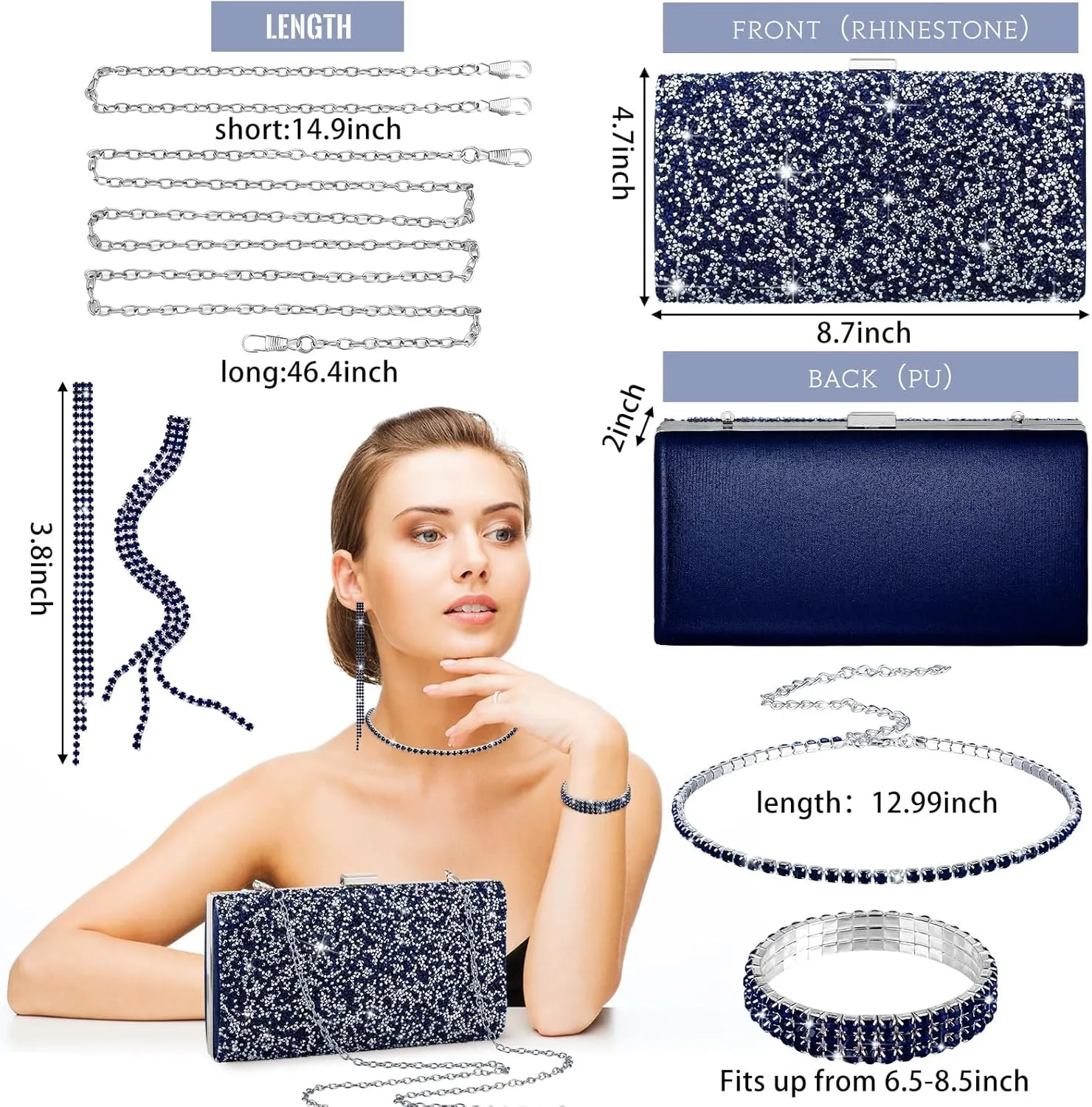 Kigeli 4 Pieces Women Rhinestone Evening Clutch Bag Bling Earring Necklace Bracelet for Wedding Formal