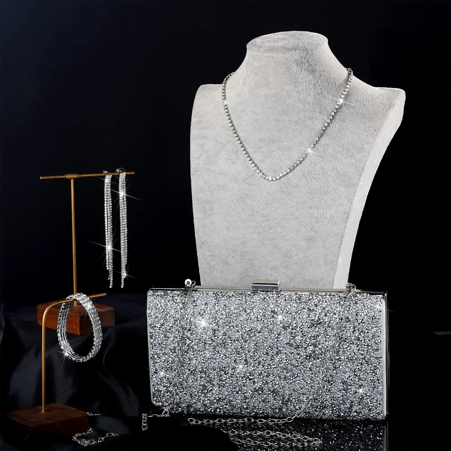 Kigeli 4 Pieces Women Rhinestone Evening Clutch Bag Bling Earring Necklace Bracelet for Wedding Formal