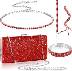 Kigeli 4 Pieces Women Rhinestone Evening Clutch Bag Rhinestone Ear Clip Bridal Wedding Choker Bracelet Dangle Bling Glitter Purse