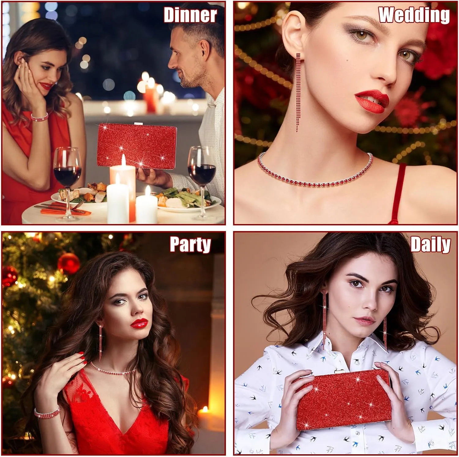 Kigeli 4 Pieces Women Rhinestone Evening Clutch Bag Rhinestone Ear Clip Bridal Wedding Choker Bracelet Dangle Bling Glitter Purse