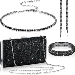 Kigeli 4 Pieces Women Rhinestone Evening Clutch Bag Rhinestone Ear Clip Bridal Wedding Choker Bracelet Dangle Bling Glitter Purse