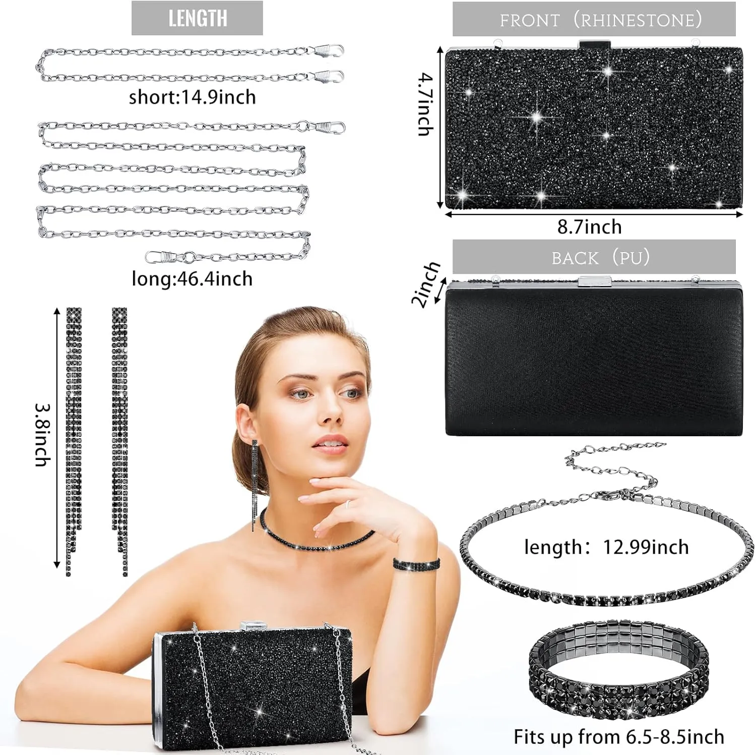 Kigeli 4 Pieces Women Rhinestone Evening Clutch Bag Rhinestone Ear Clip Bridal Wedding Choker Bracelet Dangle Bling Glitter Purse