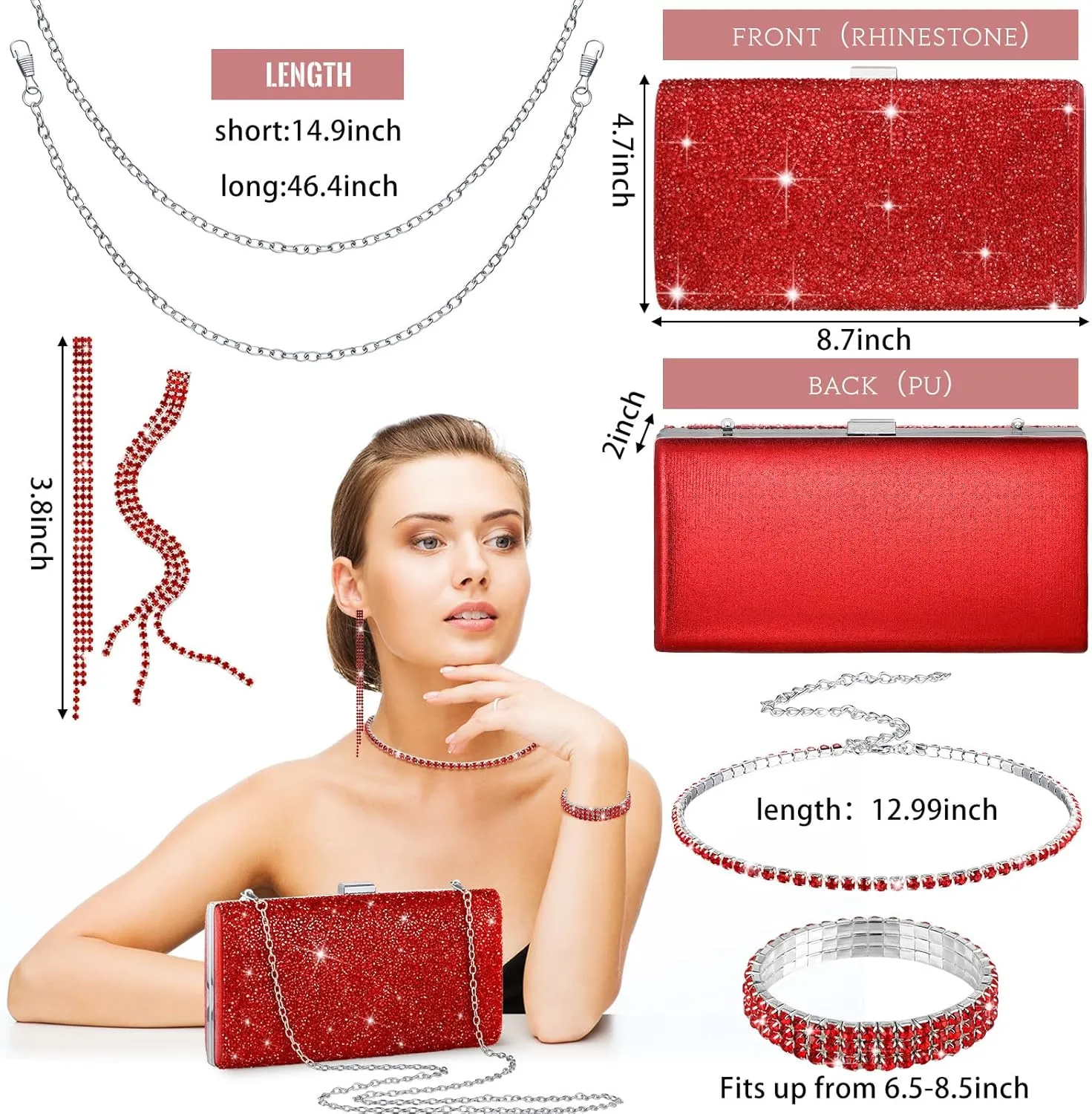 Kigeli 4 Pieces Women Rhinestone Evening Clutch Bag Rhinestone Ear Clip Bridal Wedding Choker Bracelet Dangle Bling Glitter Purse