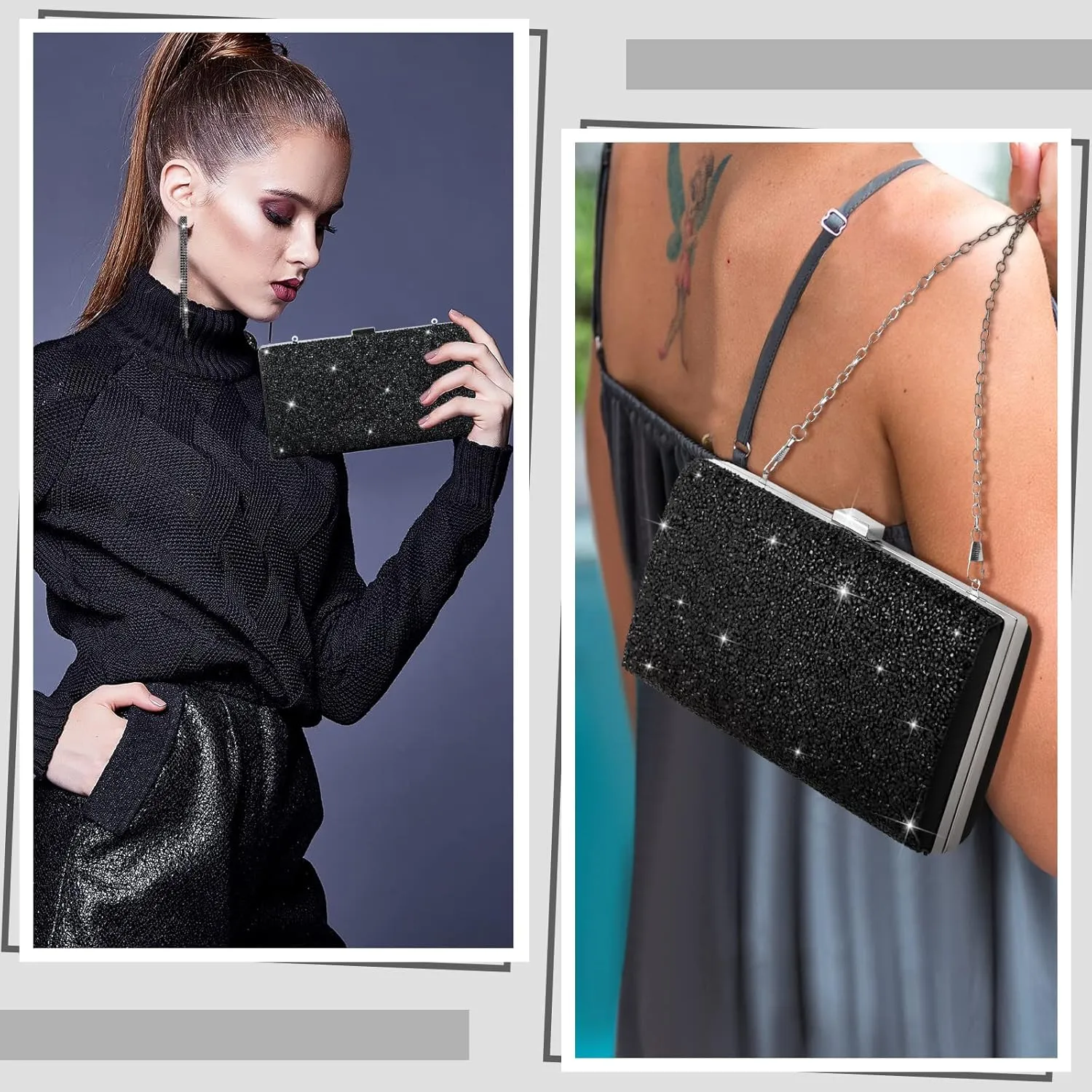 Kigeli 4 Pieces Women Rhinestone Evening Clutch Bag Rhinestone Ear Clip Bridal Wedding Choker Bracelet Dangle Bling Glitter Purse